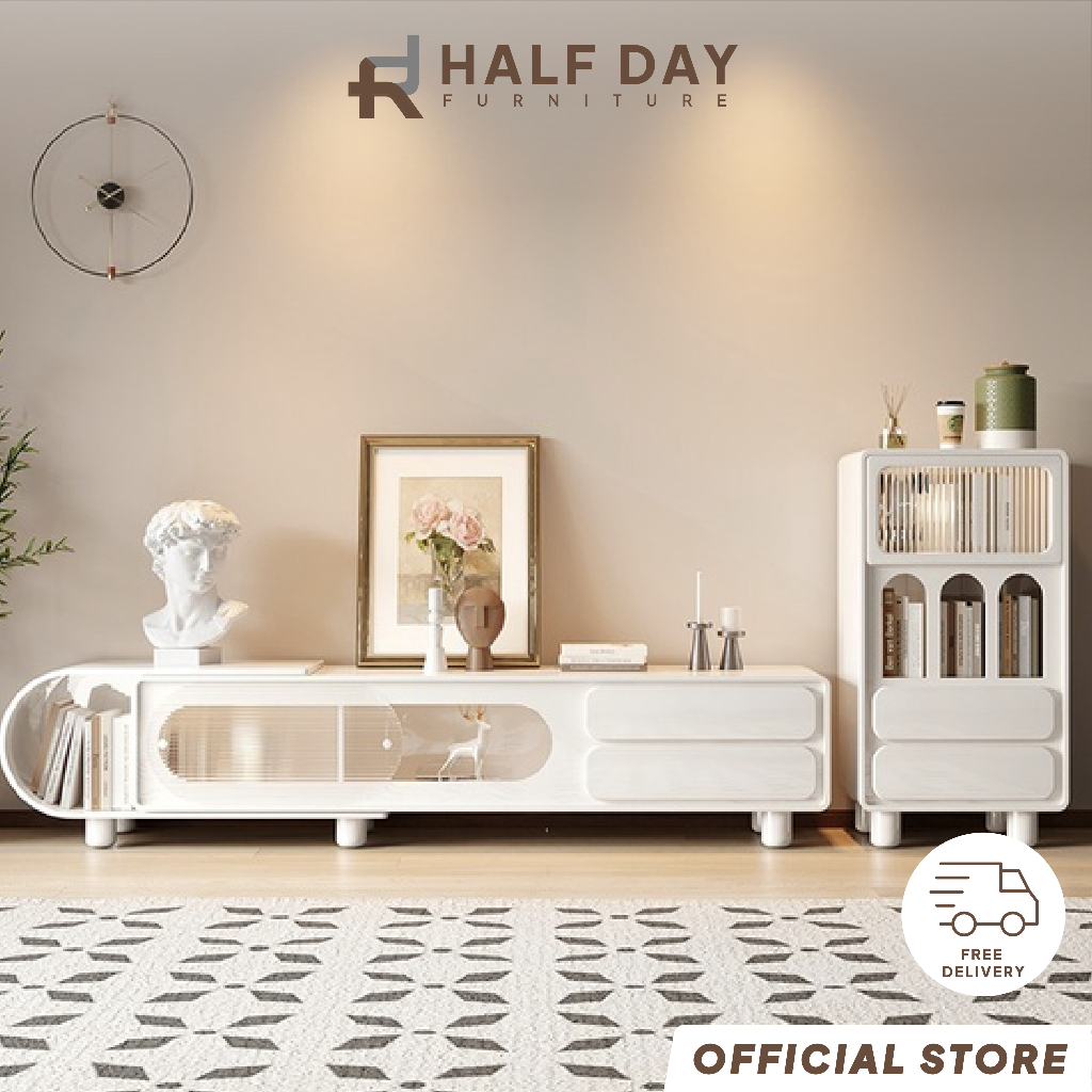 Halfday - Modern Cream Telescopic TV Console Cabinet: Space-Saving ...