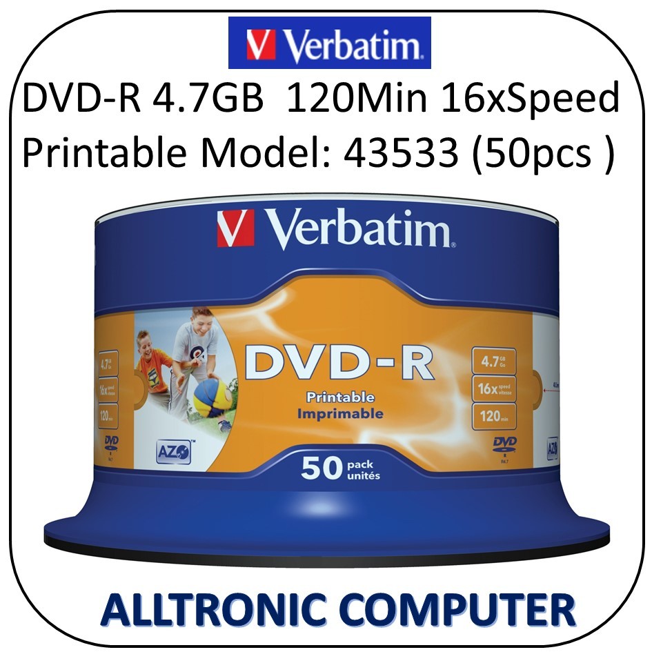 DVD-R Printable Verbatim 4.7GB 16x Speed 120 Min 50pcs/pack P/N: 43533 ...