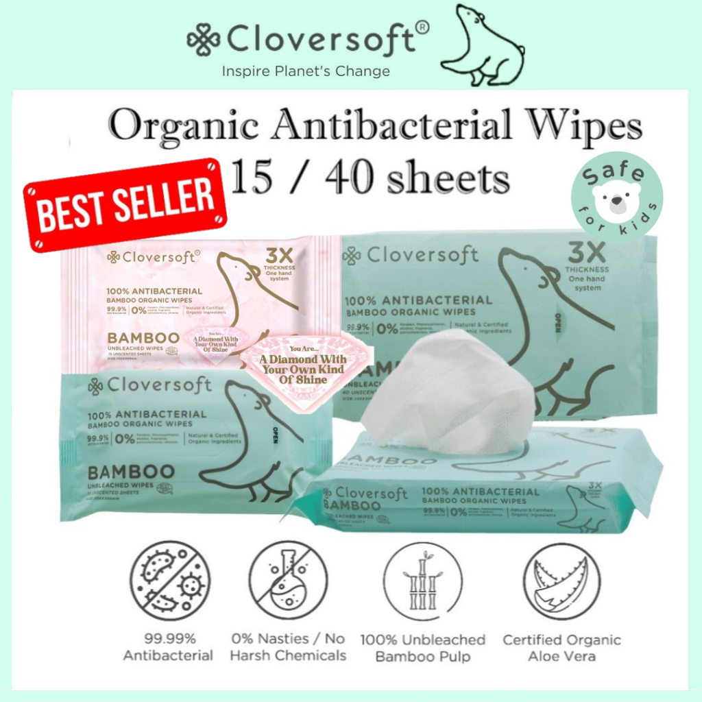 Cloversoft Antibacterial Wet wipes Bamboo Organic Anti bacterial Travel