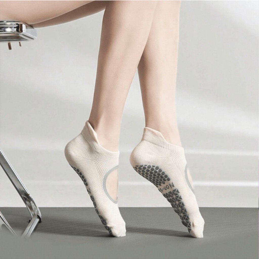 Beige slip-on grip socks pilates reformer yoga barre trampoline womens  non-slip sports ankle length