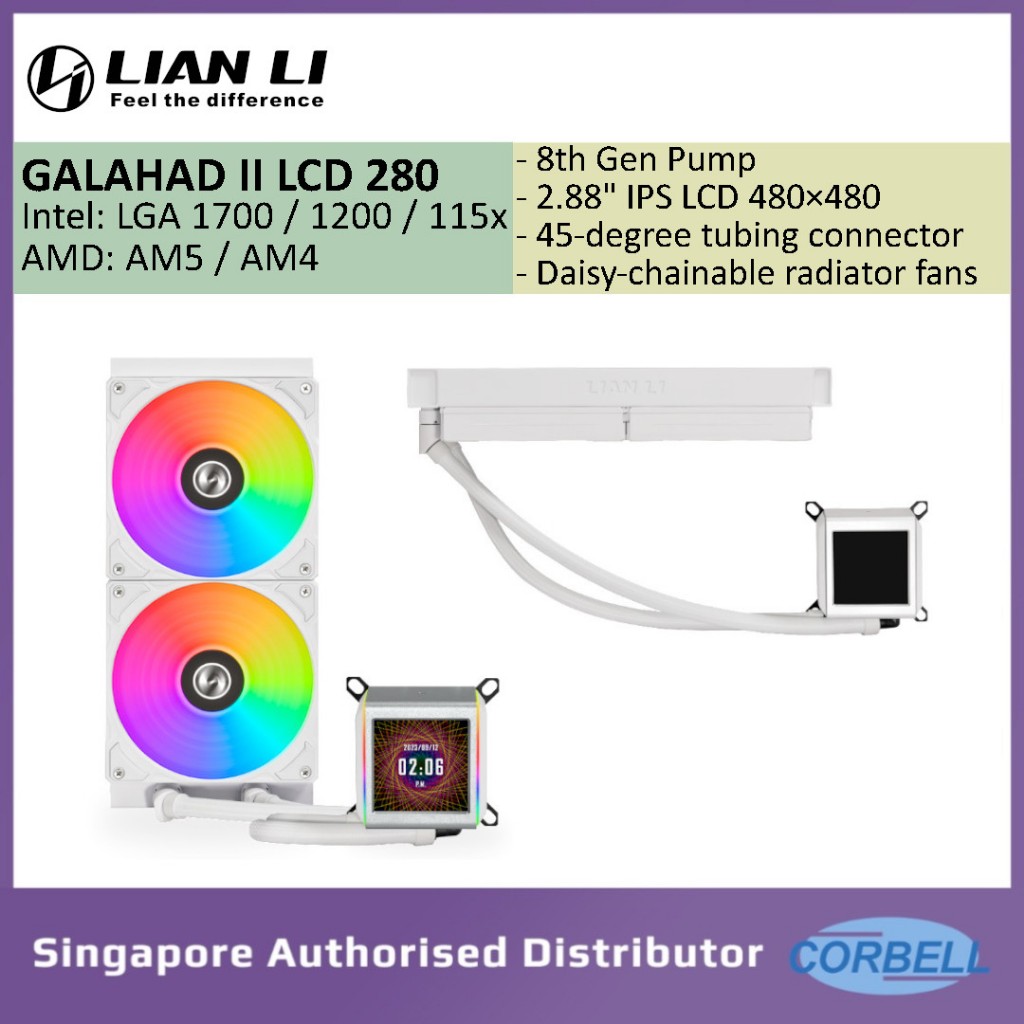 Kit Watercooling AIO Lian Li Galahad II LCD 280mm – Refroidissement Liquide Pour PC Gaming, écran LCD, Couleur Blanc, Référence GA2ALCD28W