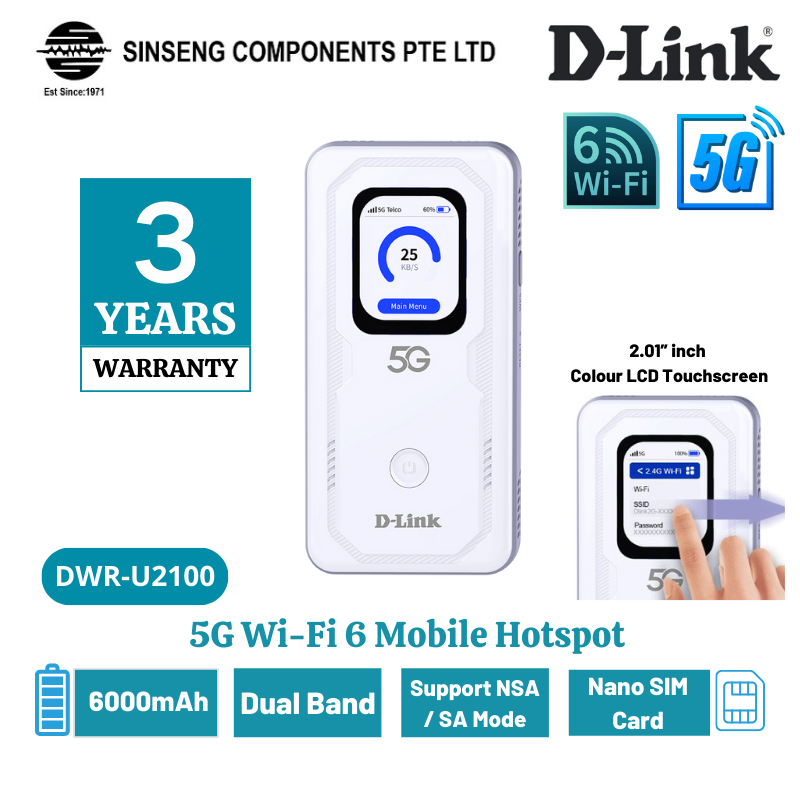 D-Link DWR-U2100 Touchscreen 4G/5G WiFi 6 Router | Dual Band | 6000mAh ...