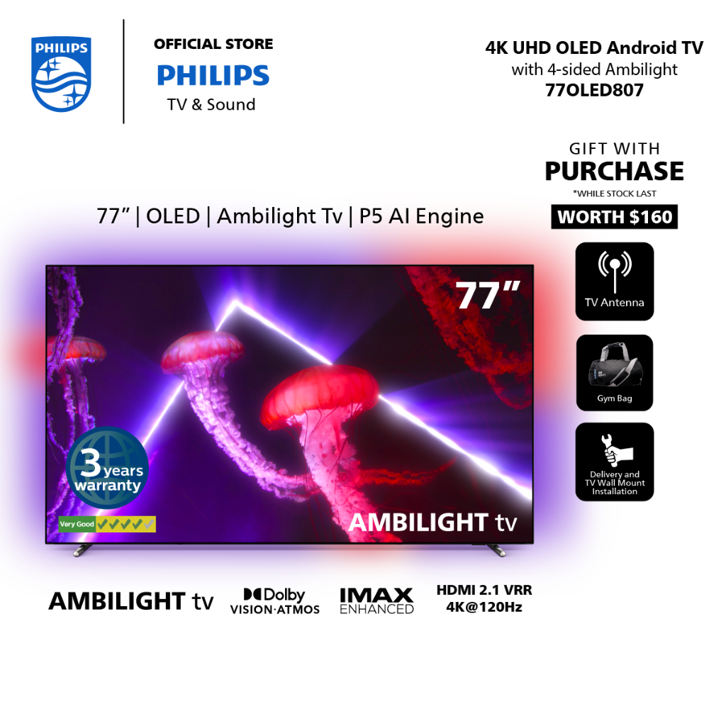 PHILIPS 4K OLED 77" Android TV | 77OLED807/98 | 4-sided Ambilight | P5 ...