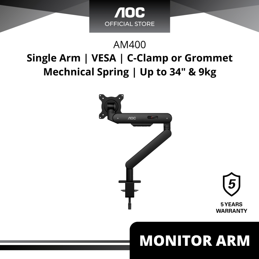 AOC AM400 CClamp and Grommet DeskMount Single Monitor Arm for