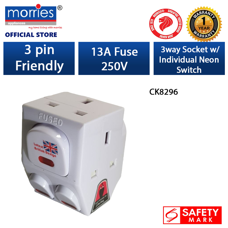 Morries CK 3Way Adapter W/Switch / Wall Socket Plug Adaptor / 2 Pin and ...