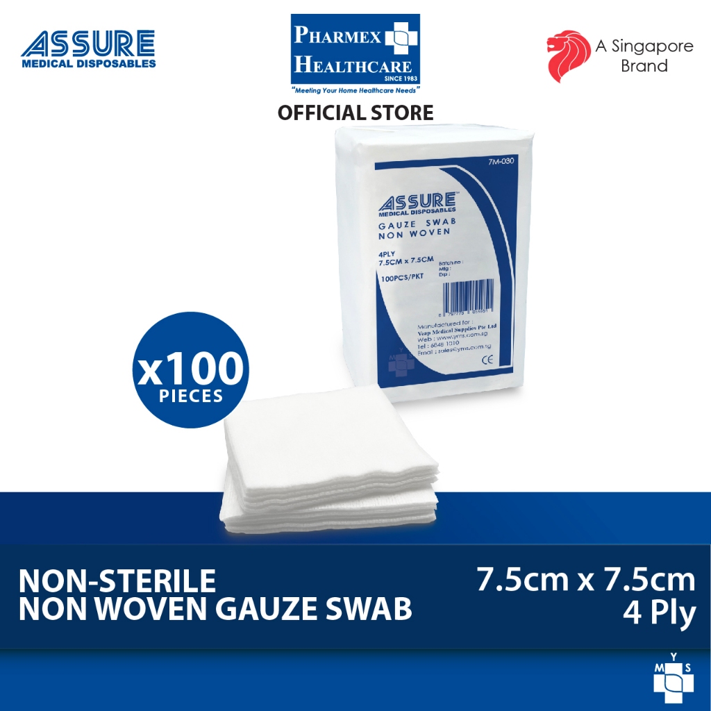 ASSURE Gauze Swab Non-Woven Non-Sterile 7.5cm x 7.5cm x 4-Ply, 100pce ...