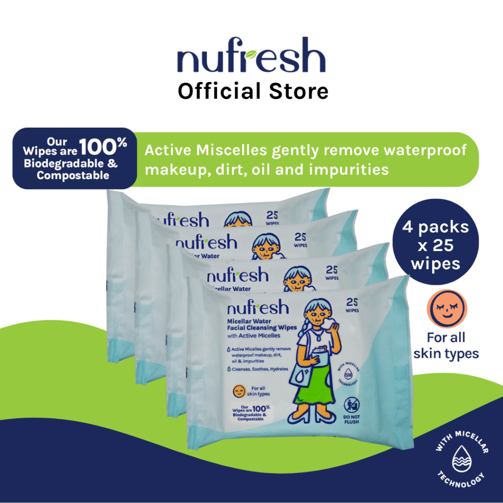 NUFRESH 3IN1 MICELLAR WATER FACIAL CLEANSING WIPES 25S (FSC® MIX)_F3915VN (4 packets) Shopee