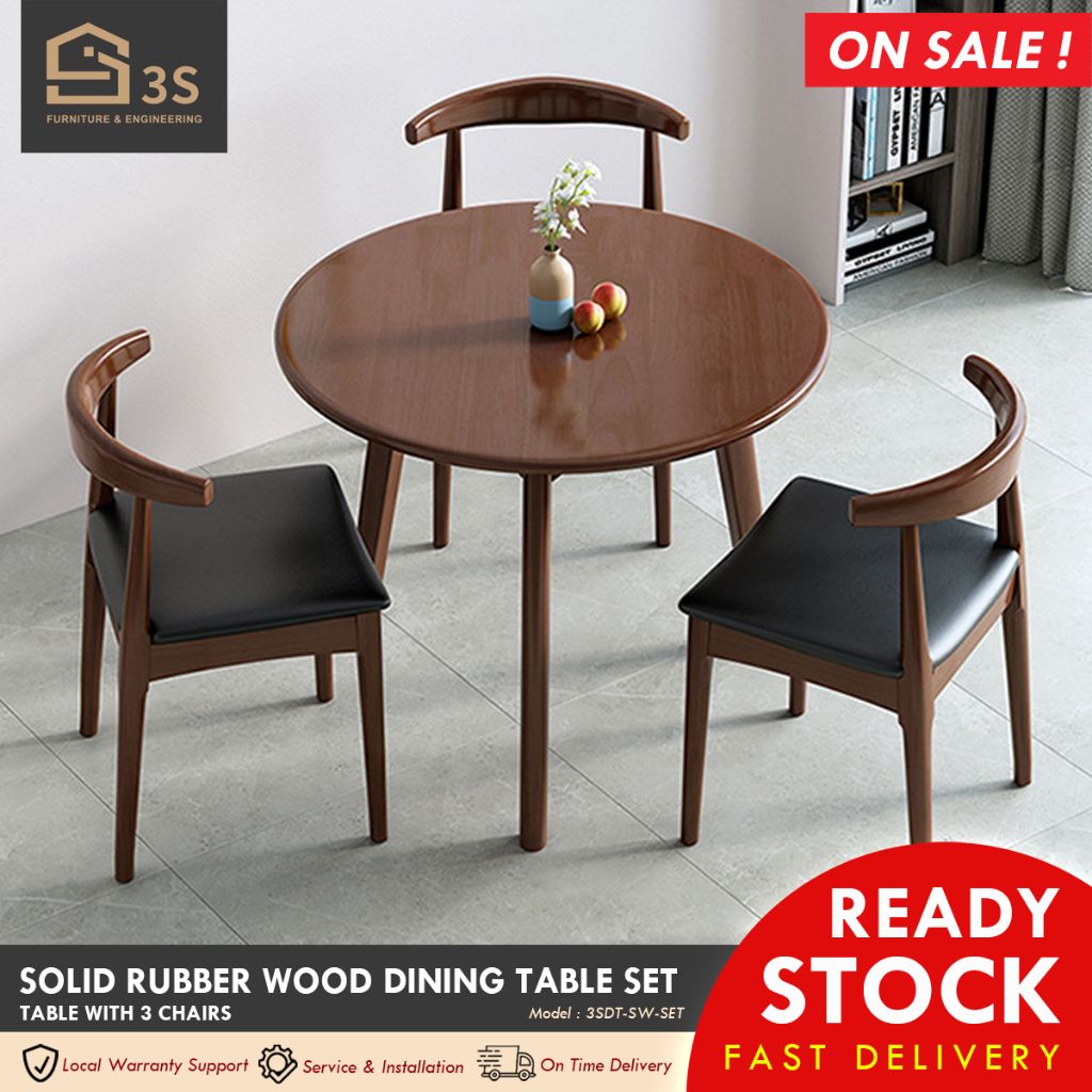 [3S FURNITURE] Stylish Solid Rubber Wood Dining Table Set with Chair ...