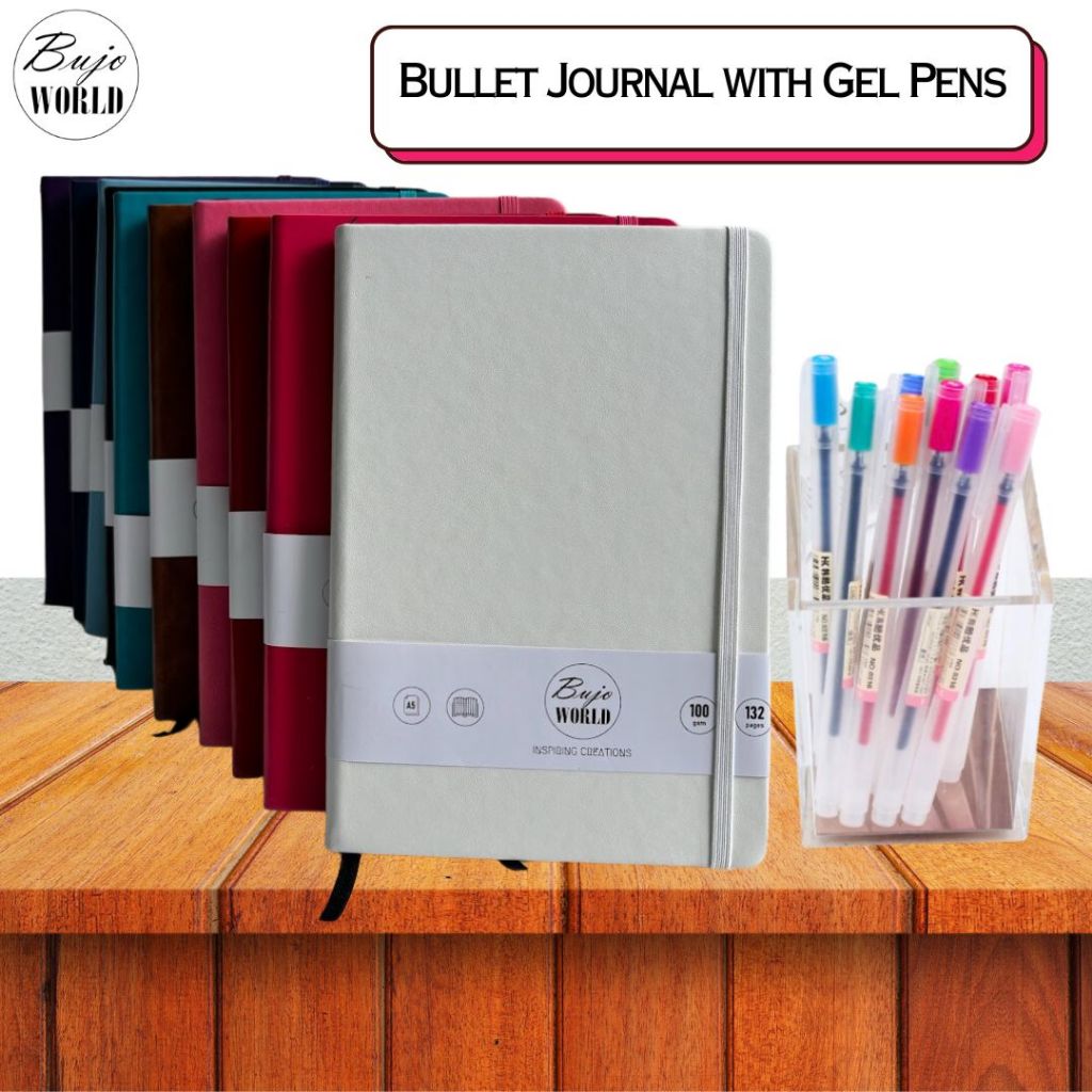 Bujoworld A5 Notebook with 10 color Muji style Gel Pens. A5 Dot grid ...