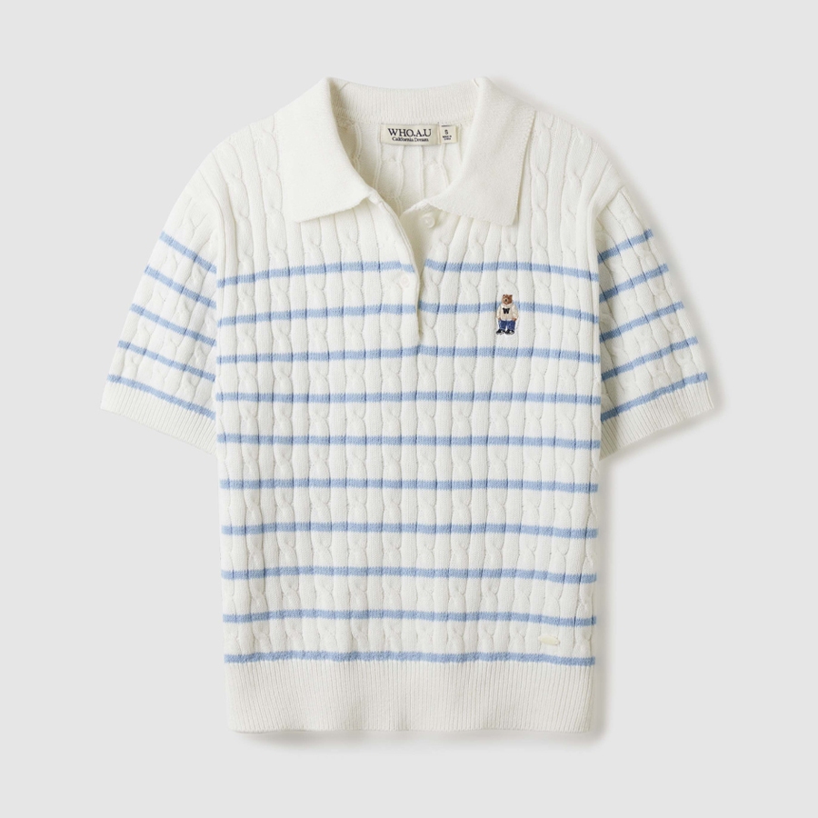 WHO.A.U] Steve Collar Cable Stripe Sweater | WHKAE2514F