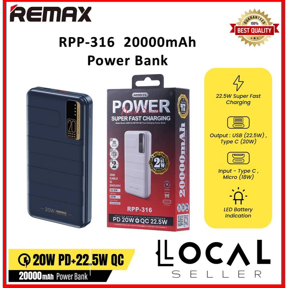 Remax Super Fast Charging Power Bank (RPP-316) | 20000mAh Noah Series ...