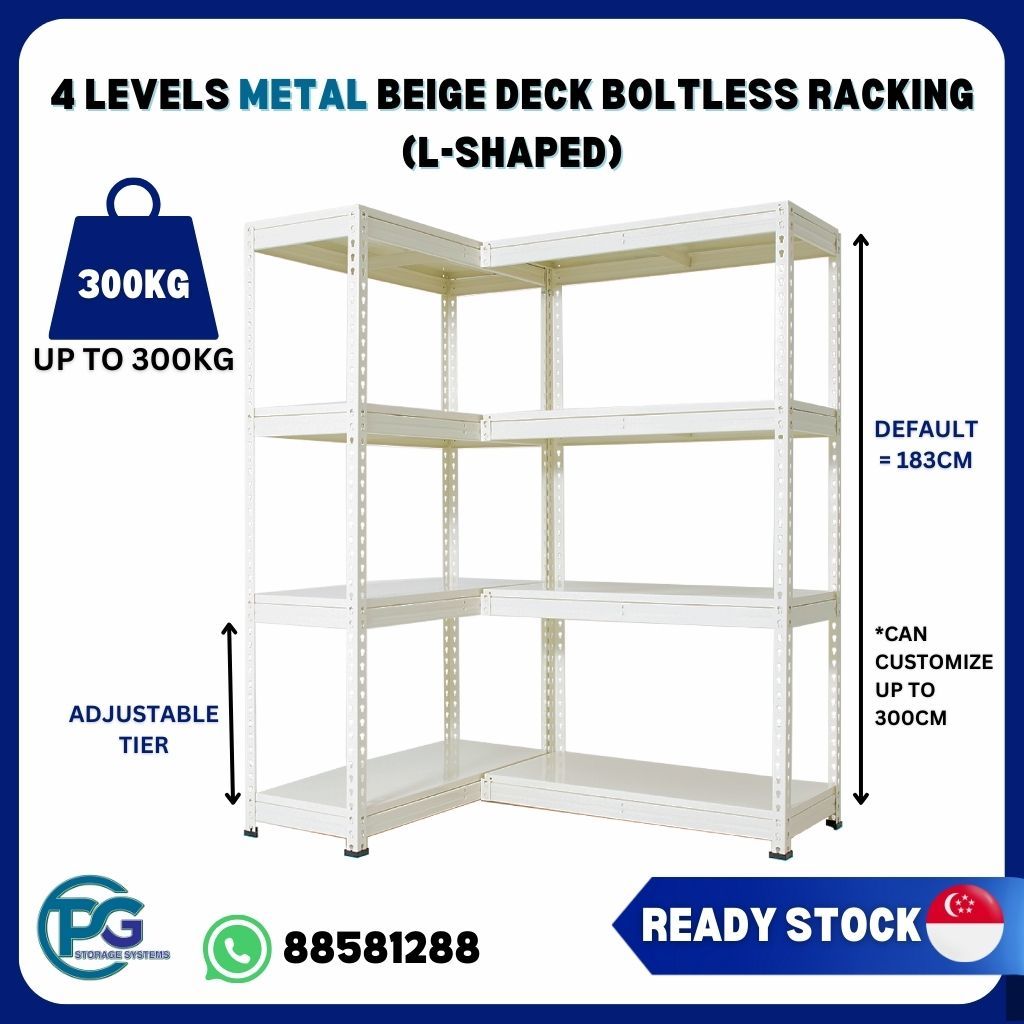L-Shaped 4Levels Metal Beige Deck Boltless Racking (Depth 30+30cm ...