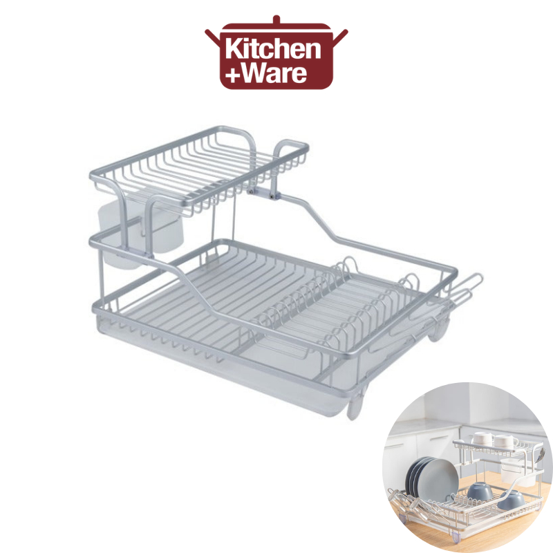 2 Tiers Aluminum Kitchen Dish Rack With Removable Draining Trays and ...