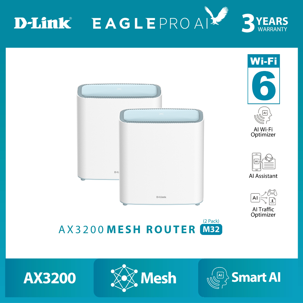 D-Link M32 (2 Pack) Eagle Pro AI AX3200 WiFi 6 Mesh Router | Wireless 6 ...