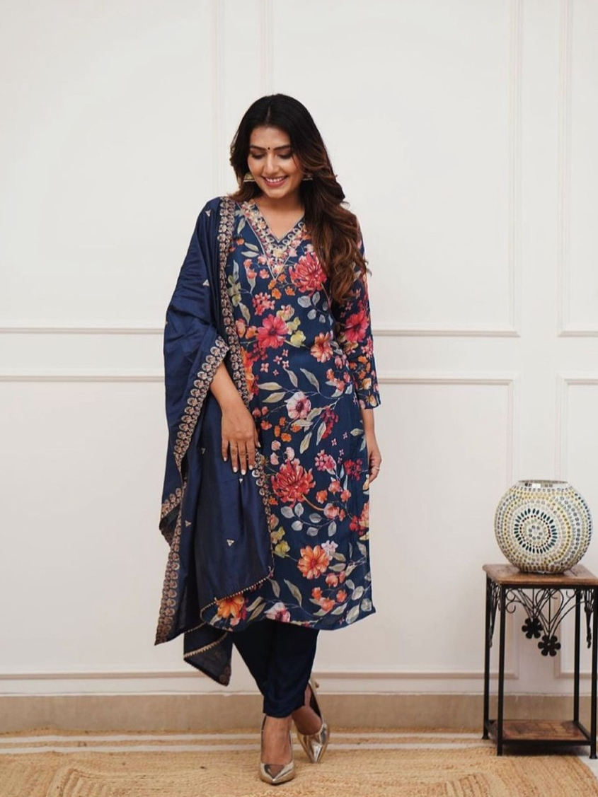 Muslin Digital Print Kurta Pant Dupatta Set with Aari Work and Swarovski Detailing – L to 3XL main image 0