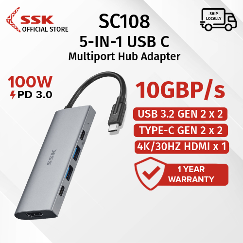 SSK SC108 5-In-1 Multi Port USB Type C Adapter 1050MB/s USB 3.2 Gen2 ...