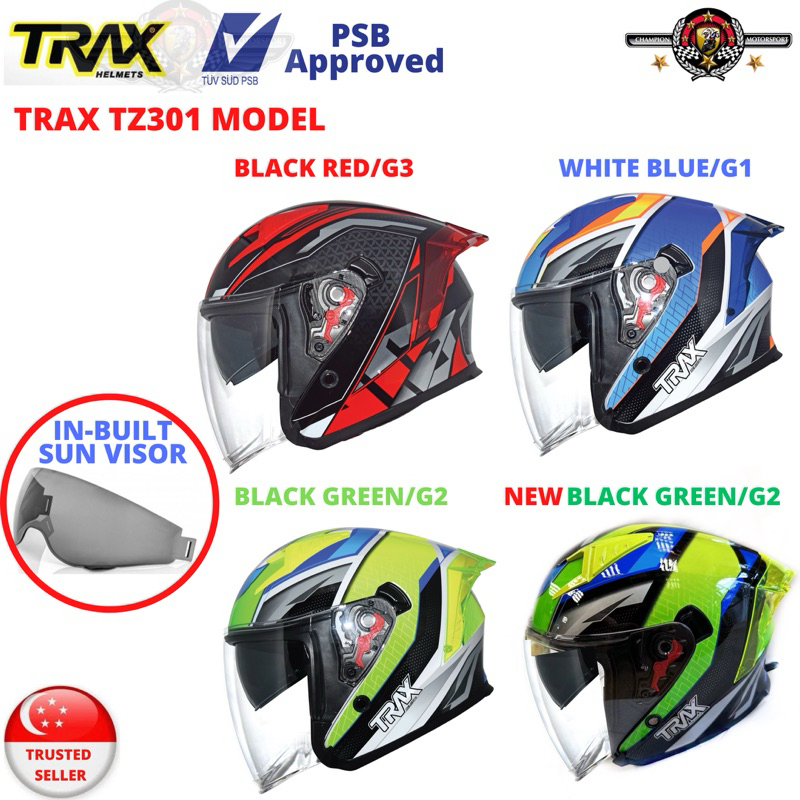 TRAX Helmet TZ301 BLACK RED-G3/ BLACK GREEN-G2/ WHITE BLUE-G1 (PSB