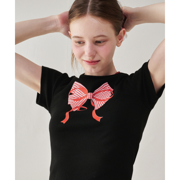BLACKPINK JENNIE PICK RONRON DOUBLE RIBBON SLIM CROP T SHIRT