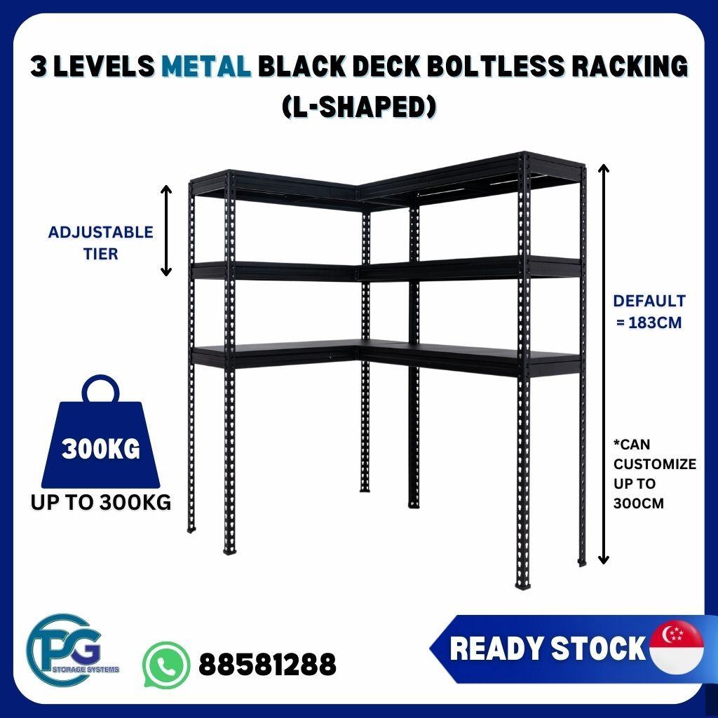 L-Shaped 3 Levels Metal Black Deck Boltless Racking (Depth 30+30cm ...