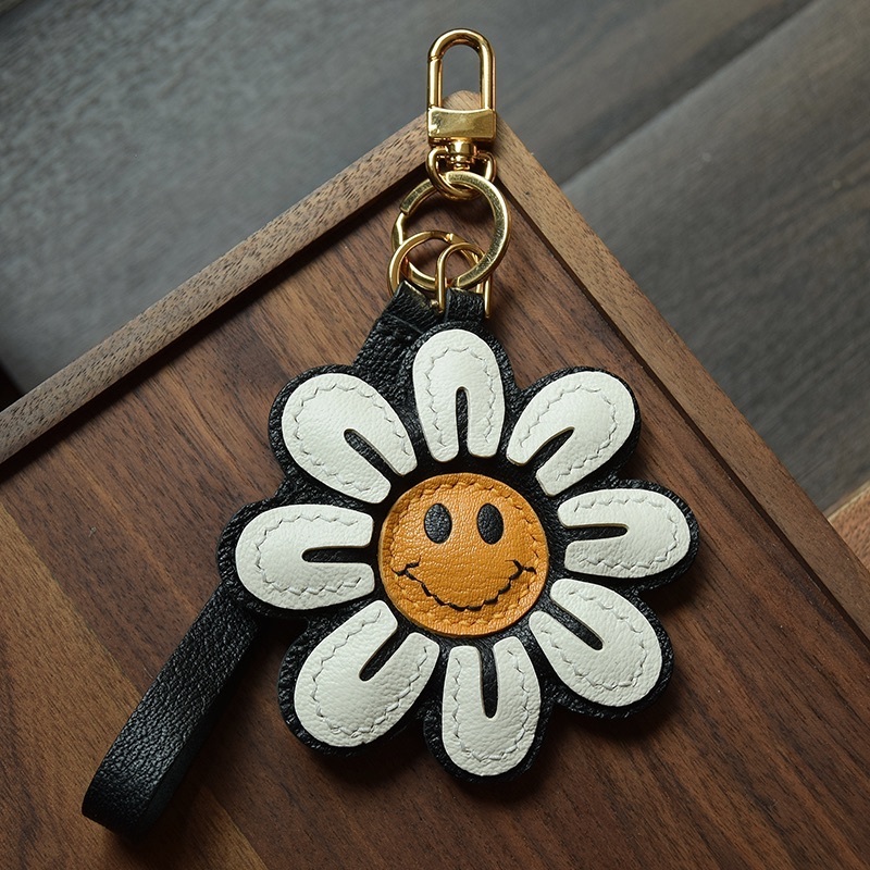 Handcrafted Smiling Flower Leather Bag Charm Smiling Flower Keychain Cute Bag Charm Cute Keychain