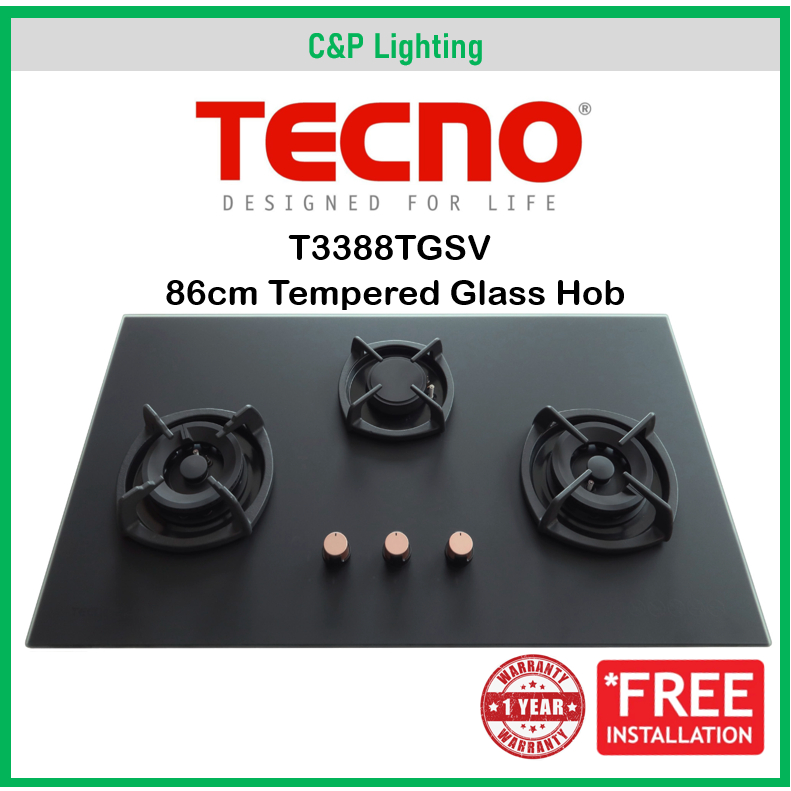 Tecno T3388TGSV (New Color) 3 Burner 86cm Glass Cooker Hob Gas Stove