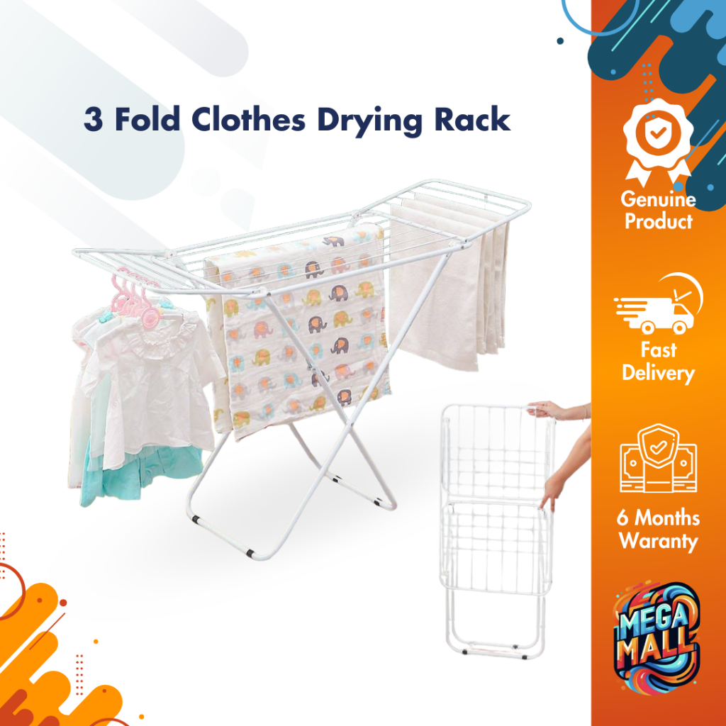 3-Fold Iron Clothes Drying Rack - Foldable, Portable, Space-Saving ...