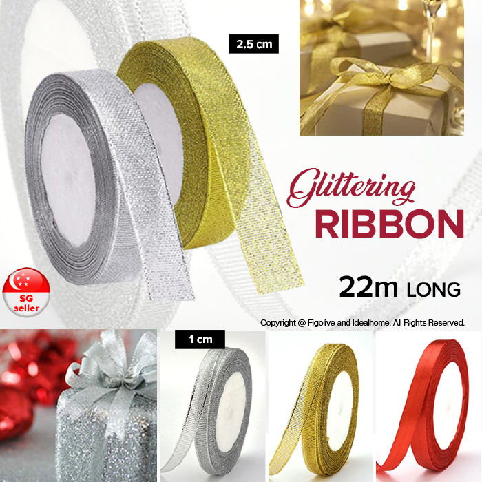 [SG Seller] (22 meter/roll) CNY Red Ribbons / Metallic Glitter Ribbon ...