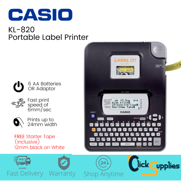 Label Printer Casio EZ Label KL 820 Prints up to 24mm Tape Width Fast Print Speed With Optional Adaptor