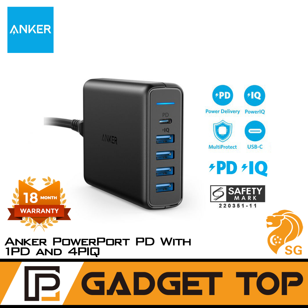 Anker PowerPort PD With 1PD and 4PIQ [Power Delivery] USB C Wall ...