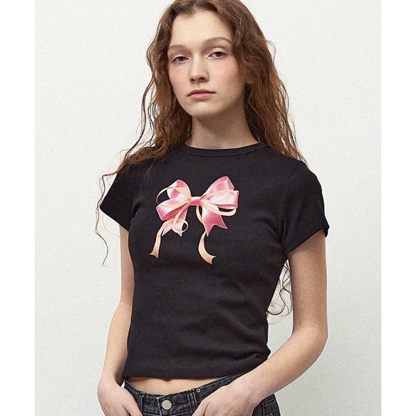 BLACKPINK JENNIE PICK RONRON DOUBLE RIBBON SLIM CROP T SHIRT