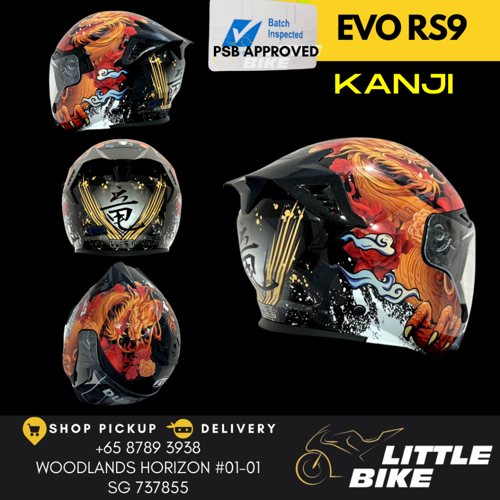 SG SELLER - PSB APPROVED EVO RS9 Kanji Dragon open face motorcycle