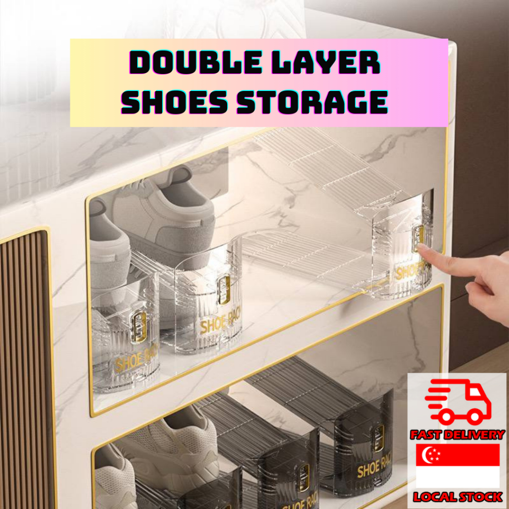 🇸🇬SG Ready Stock🇸🇬 Dual Double Slot Space Shoes Stacker Rack Organiser ...