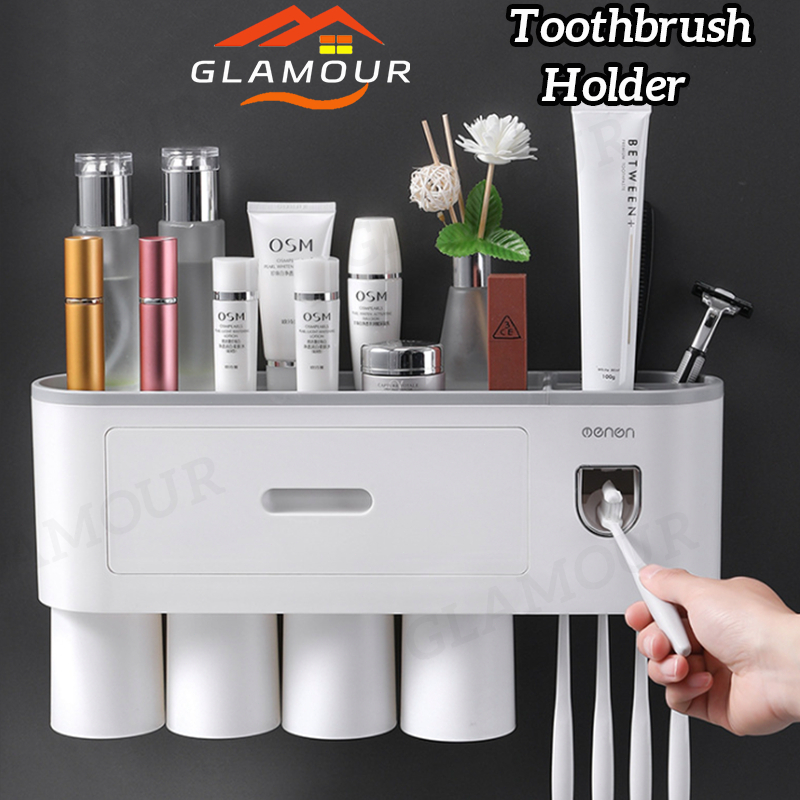 [SG] Wall Mounted Toothbrush Holder Toothpaste Dispenser with Cosmetic ...