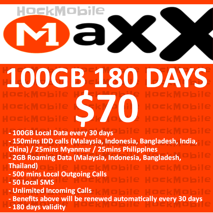 [B2] M1 Maxx $70 100GB IDD 180Days / Renewal Plan / Mobile Top Up