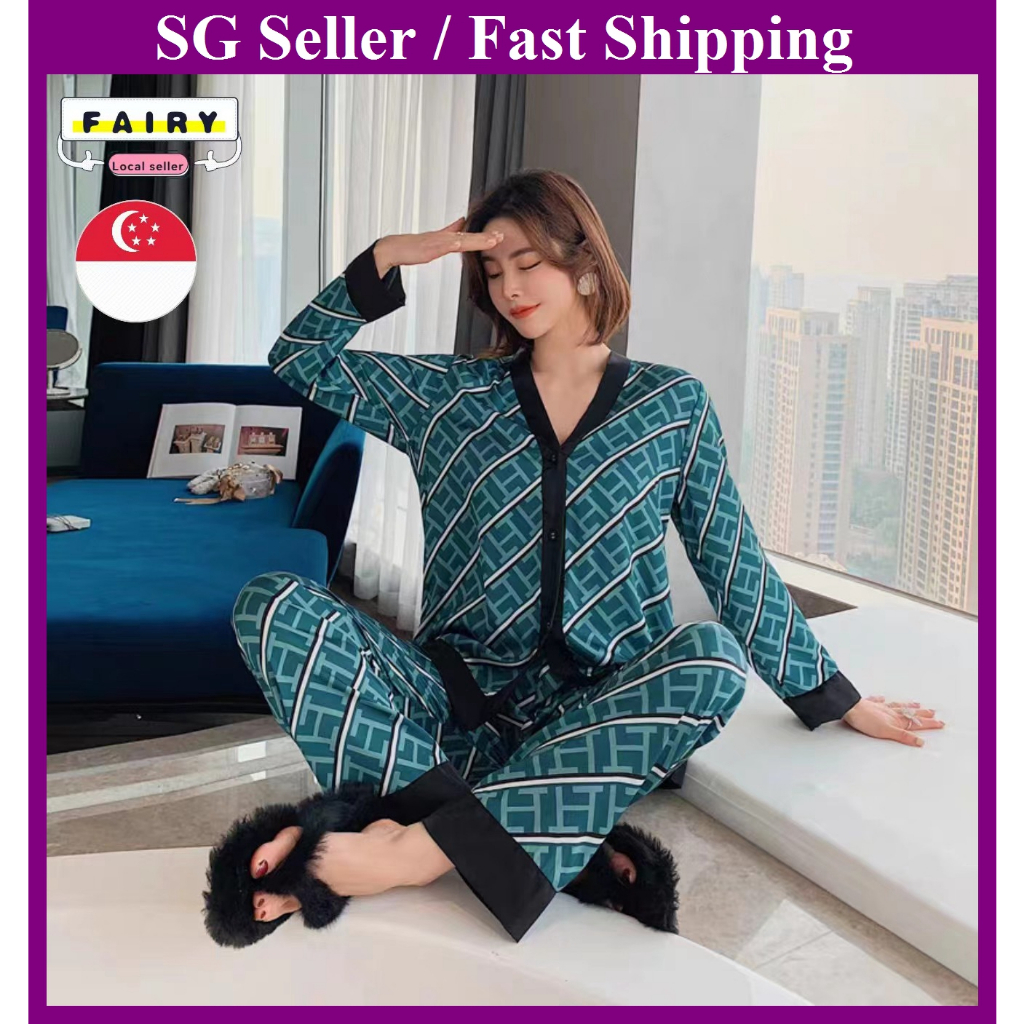 (SG Seller) Lady Faux Silk Polyester Pajamas Set Sexy Homewear Women's ...