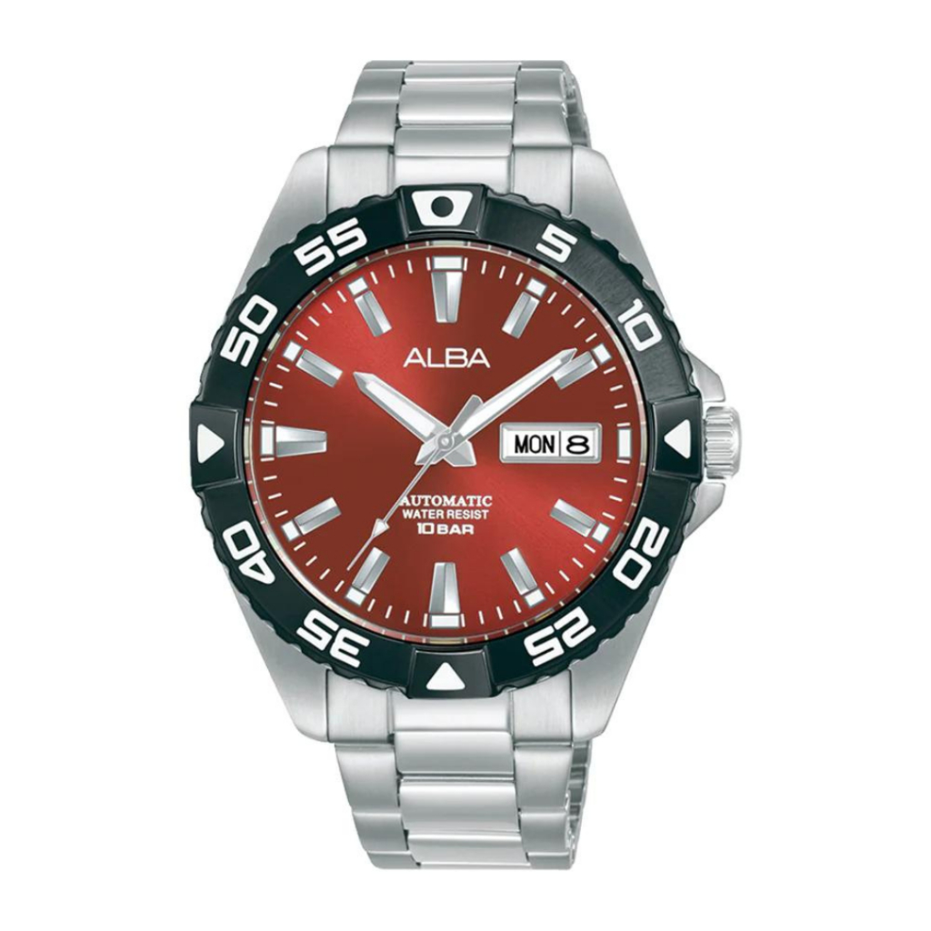 Alba 3 Hands Date Mechanical in Red Dial and Stainless Steel Bracelet ...