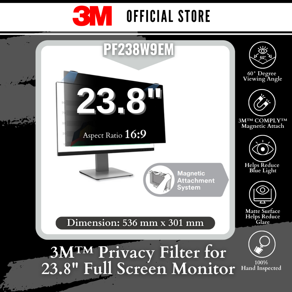 thumbnail image 2 of 3M PF238W9EM Magnetic Privacy Filter For 23.8" Monitor – 16:9, Comply Attach 2 of 2