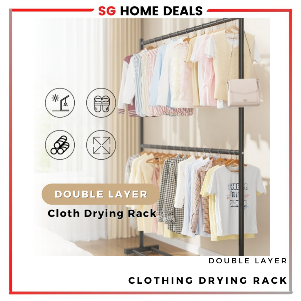 Double Layer Laundry Cloth Drying Rack Clothes Hanging Rack Coat Hanger ...
