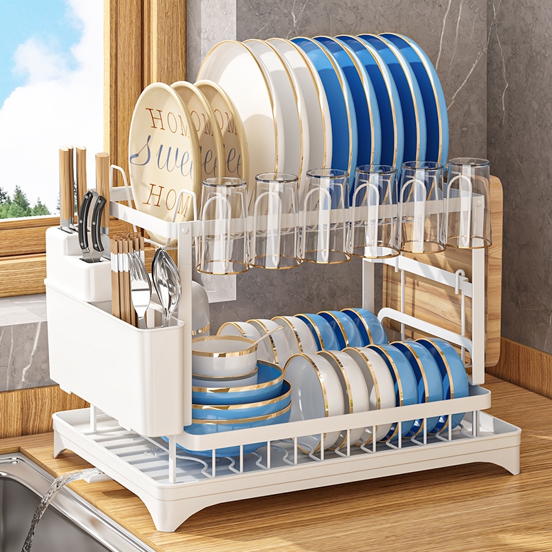 2 Tiers Dish Drying Rack Drainer Plate Holder Storage Shelf Kitchen ...