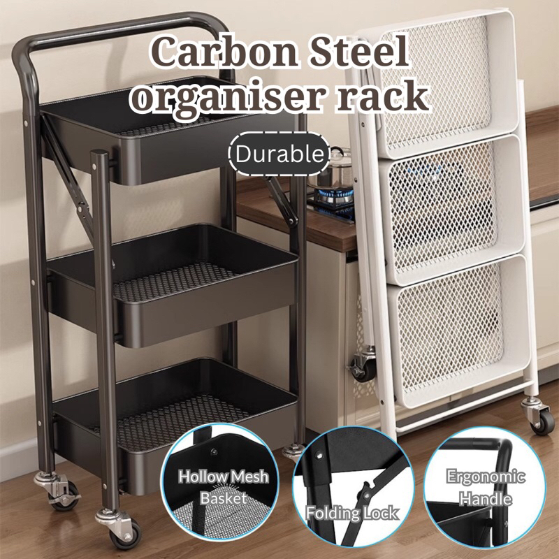 Metal Utility Trolley Cart Folding 3 Tier Organizer Rack Mobile Multi ...
