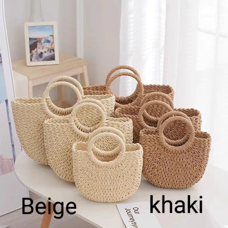 Women rattan bag beach bag wicker handbag semicircle moon bag straw rattan bag beach totes casual bag Shopee Singapore