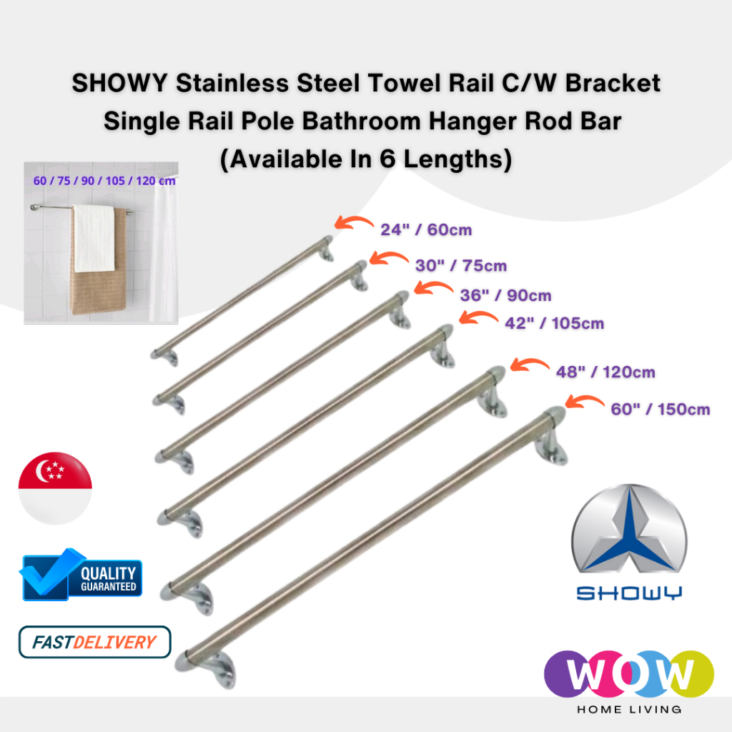 SHOWY Stainless Steel Towel Rail C/W Bracket Single Rail Pole Bathroom ...
