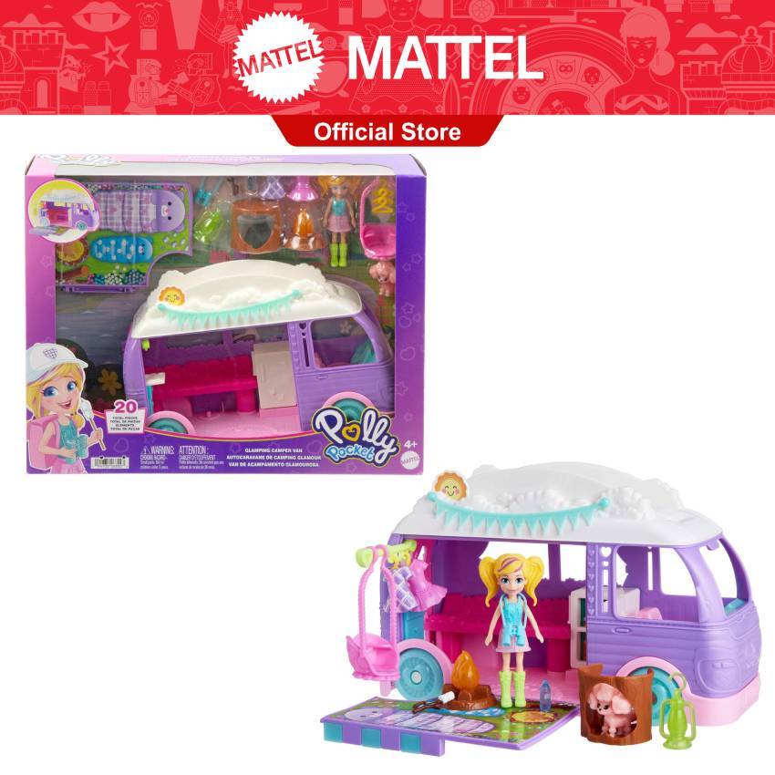 Polly Pocket Glamping Camper Van, Doll & Pet Playset, Camping & Food ...