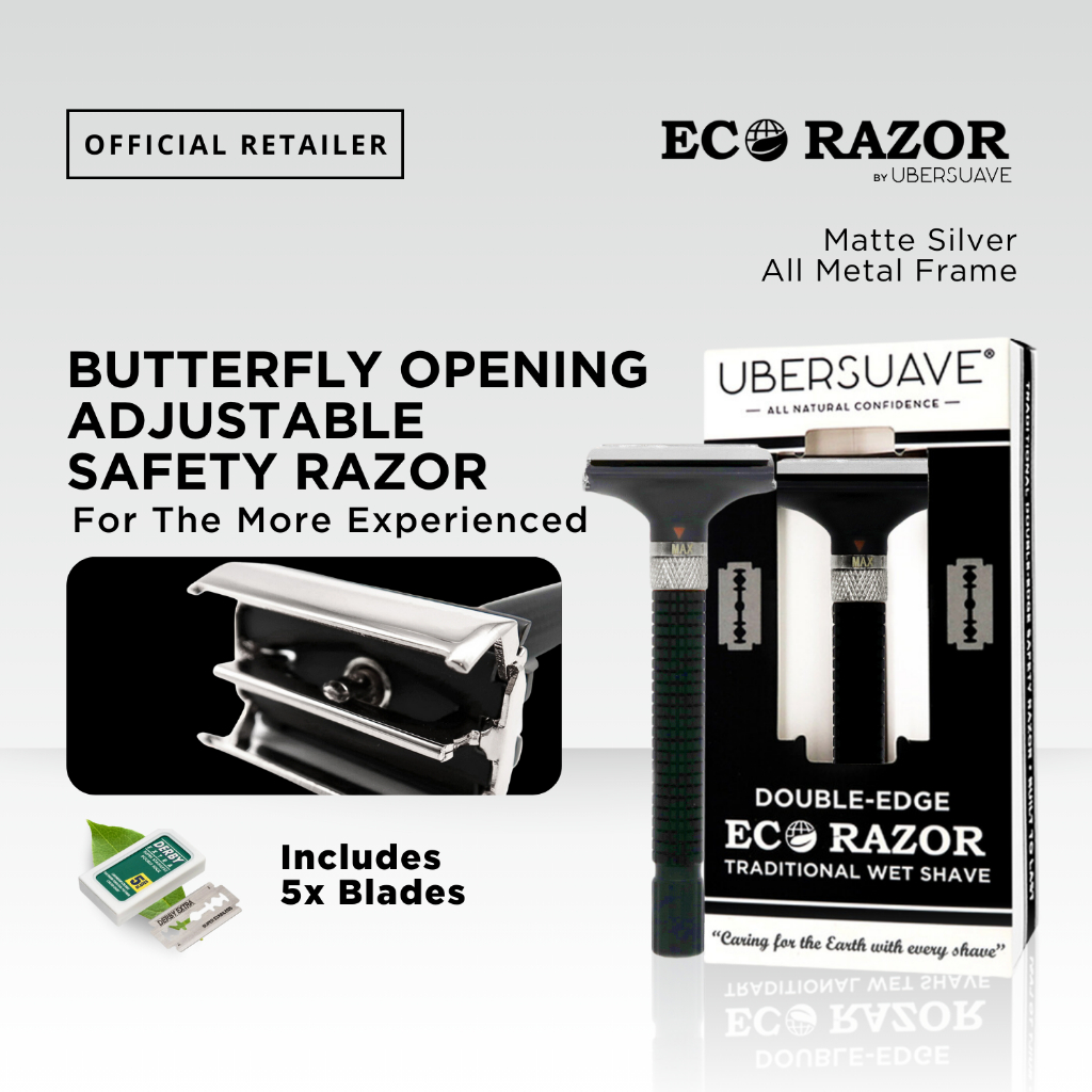 Ubersuave Eco-Razor Matte Silver Black Adjustable Butterfly Open Double ...