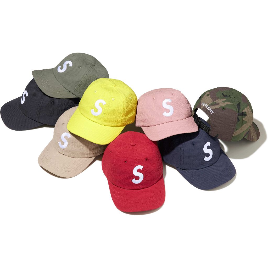 SS24 Supreme Seersucker S Logo 6 Panel Cap Black Green Tan Yellow Red Pink Navy Camo