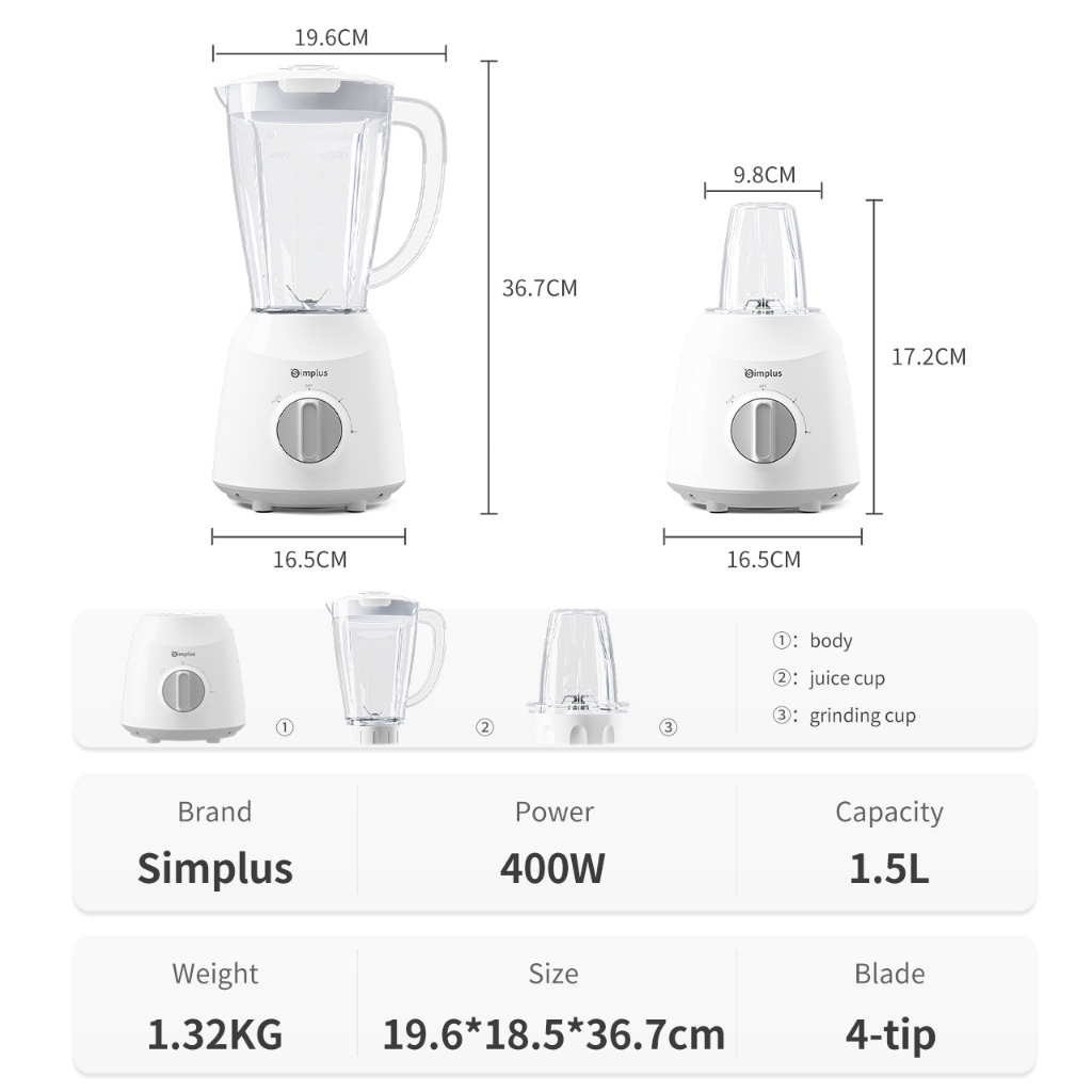 Simplus Multi-functional Blender | 1.25L+1L Large Jugs | 380W Copper ...