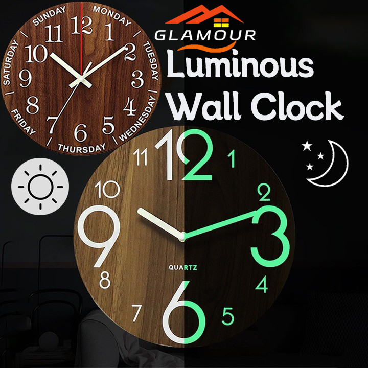 [SG ] 12 Inch Luminous Wall Clock Glow In The Dark Night Clock Wooden ...