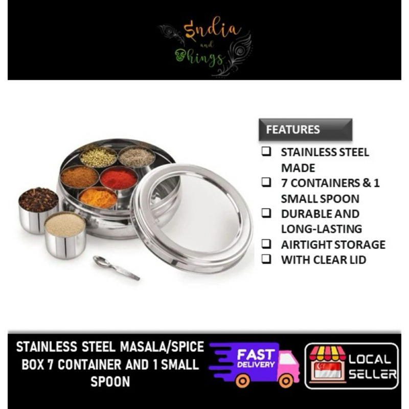 Stainless Steel Masala Box with Clear Lid 7 Spices Containers and 1 ...