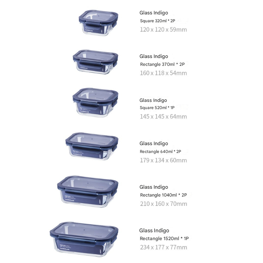 LocknLock Glass Indigo Airtight Container Set of 10 / Square 320 ml 2ea ...