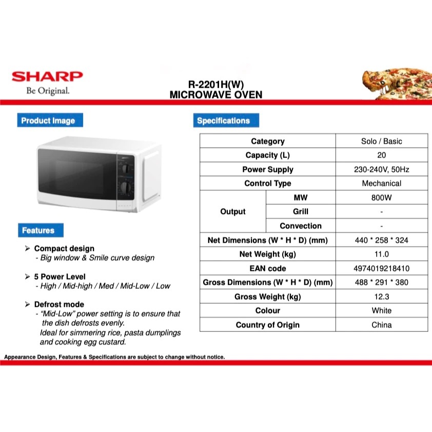 SHARP 20L Microwave Oven R-2201H(W) | Shopee Singapore